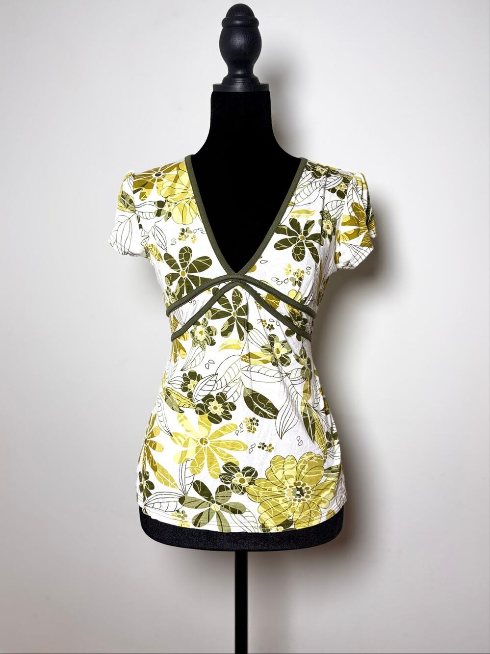 Vtg Y2K Clockhouse Yellow Green Floral Print V Neck Tieback Babydoll Top Size S